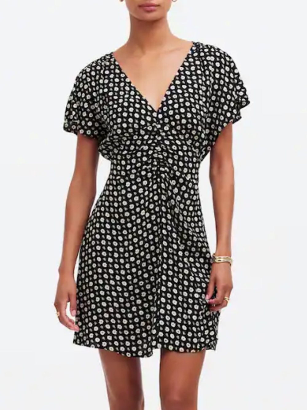 Madewell Ruched V Neck Black Mini Dress with White Floral Print Size 10
